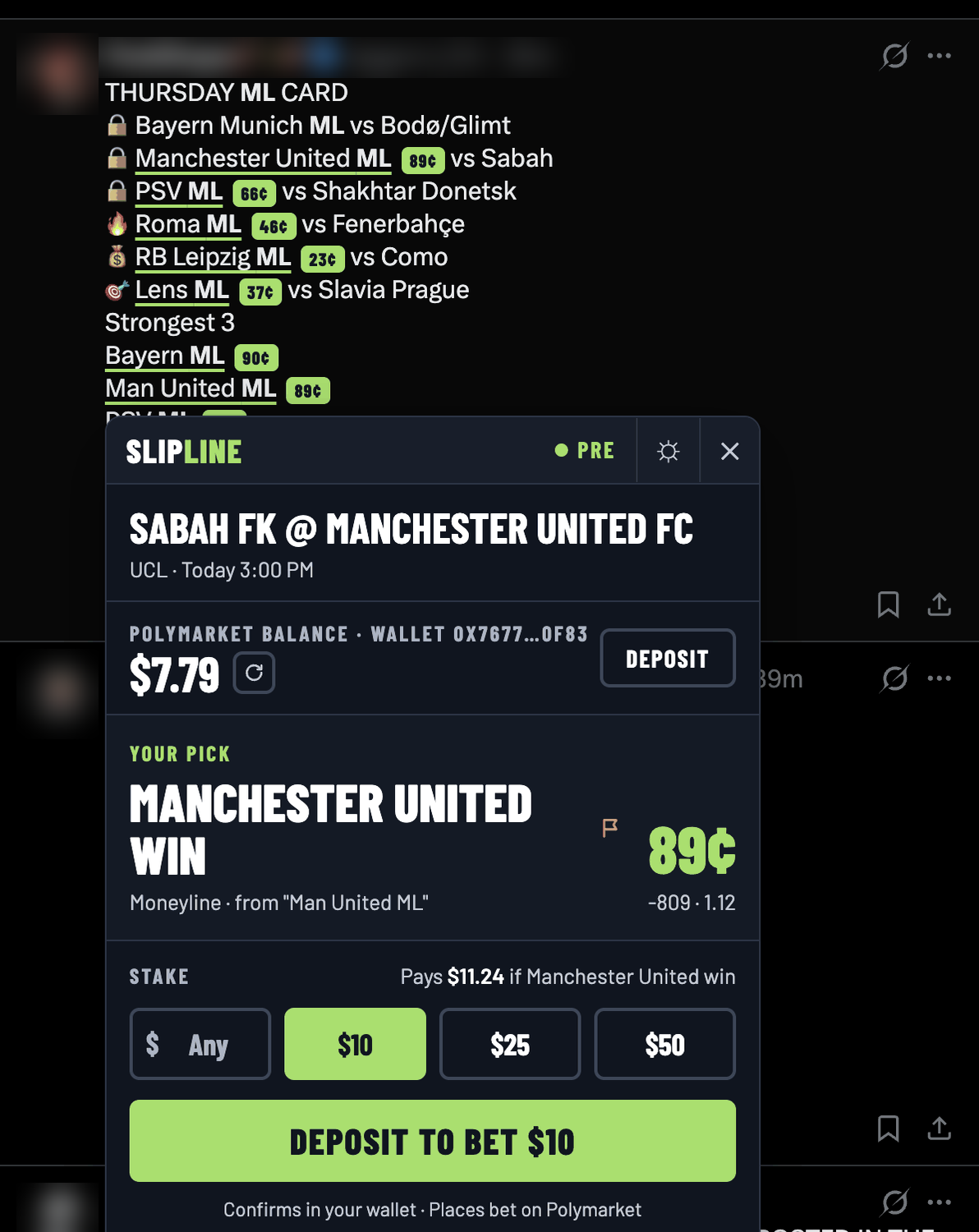 SlipLine underlining bets in a tweet, with the panel open on Manchester United WIN at 89 cents